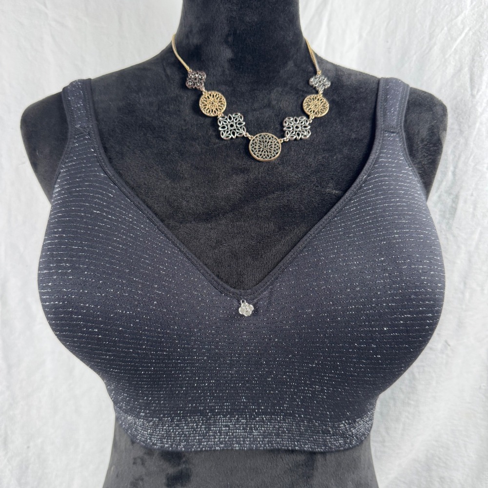 Women's Breezies Wireless Unlined Bra 36DD Black Silver Metallic Sparkle